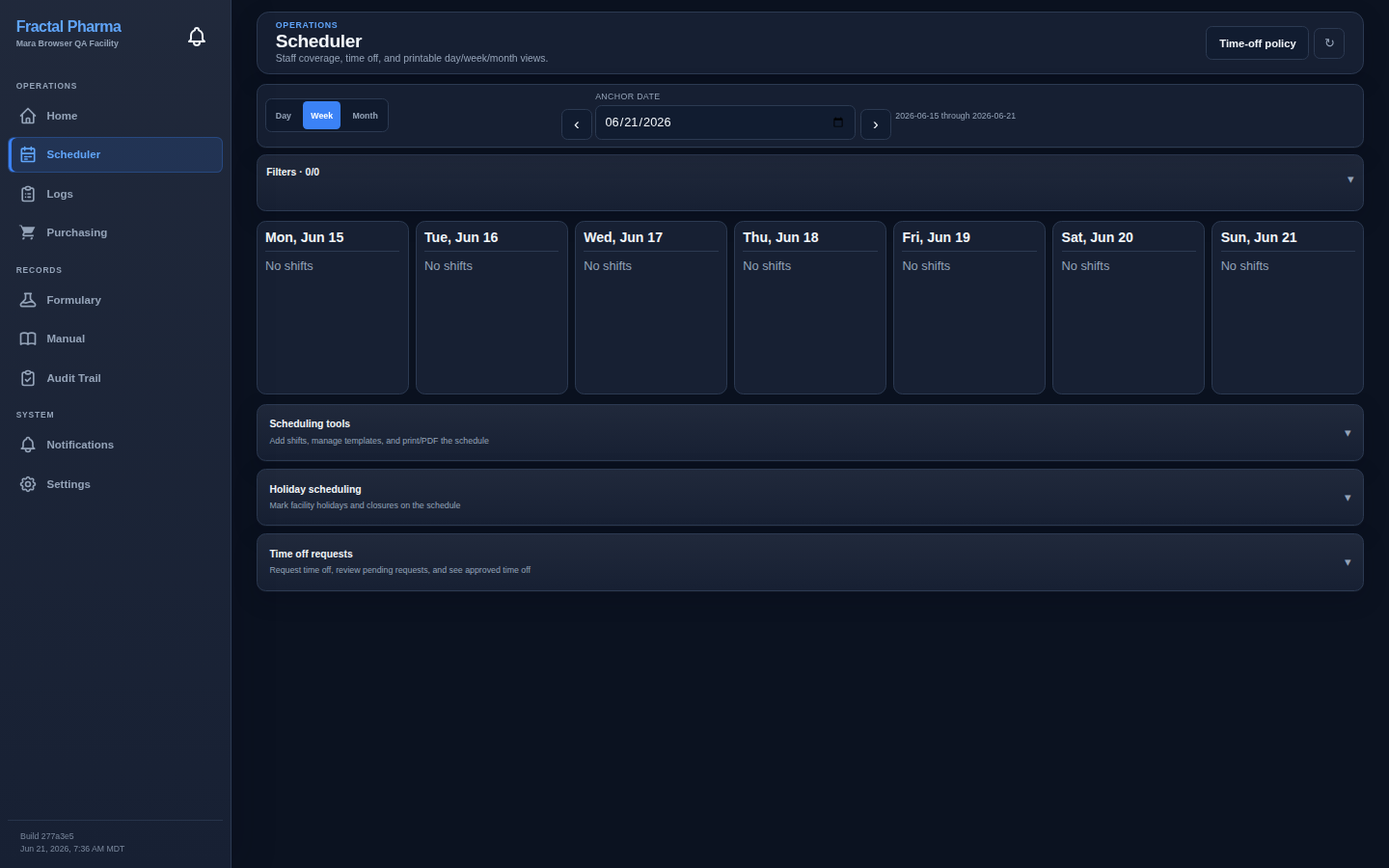 Demo manager visibility screenshot with exceptions, departments, schedule coverage, and reports